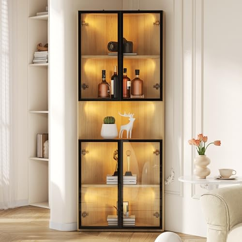 REXO Vetrina in vetro a LED, 62 × 32 × 160 cm, effetto rovere, striscia luminosa a LED, vetro temperato antipolvere, vetrina angolare con porta, libreria, vino e bagno