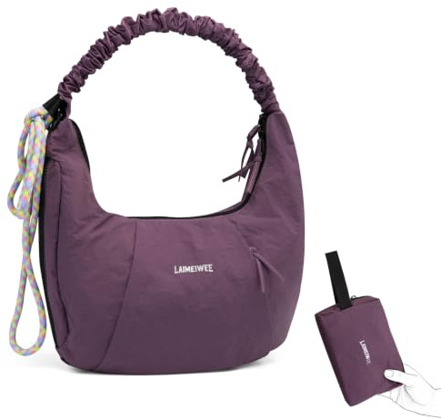 Bolso de hombro para mujer, bolso hobo de nailon suave y ligero, resistente al agua, bolso cruzado cruzado holgado, Púrpura, Medium
