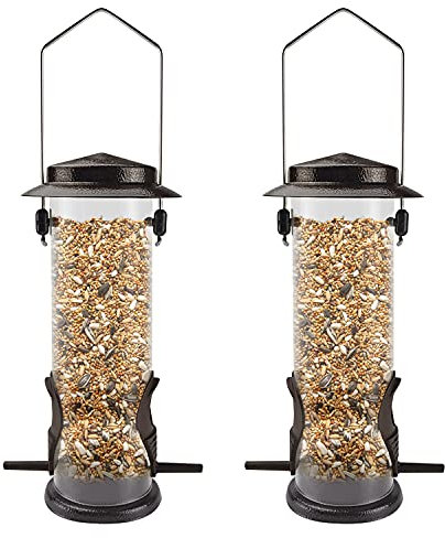 Urban Deco Vogelfutterspender mit 2 Futteröffnungen, Vogelfutterhaus mit 21,5 cm Massivem Transparentrohr, Metall Futterhaus für Vögel (Kaffeebraun-2PK)