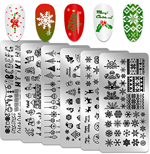 HOWAF 6 Navidad Tamping Nail Art Navidad Placas Estampacion uñas papa Noel árbol de Navidad Copos de Nieve Stamping Plantillas uñas Decoracion Estampador Raspador Manicura para uñas Navidad Decoración