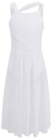 inlzdz Enfant Robe Danse Lyrique pour Fille Fluide Robe Ballet Danse Classique Robe Danse Tango Valse Salsa sans Manche Justaucorps Gymnastique Spetacle Dancewear 6-16 Ans Blanc 15-16 ans