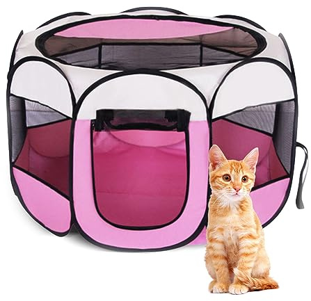 Parque Plegable para Mascotas 74x74x43cm, EUBSWA Parque Ideal para Perros, Gatos, Animales Pequeños, Interior y Exterior,Rosa