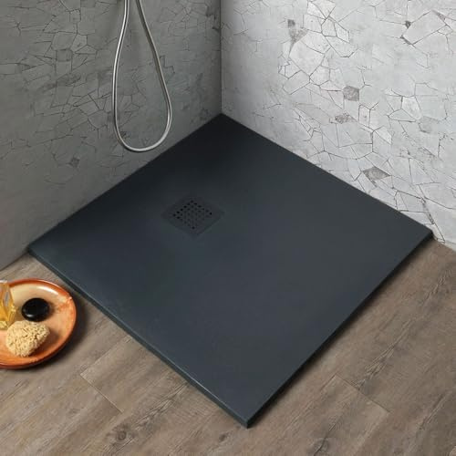 Kiamami Valentina - Piatto Doccia 80x80 Riducibile in Resina Grigio Antracite Effetto Pietra, Slim 2,5 cm, Superficie Antiscivolo e Antibatterica, Copri Piletta in Acciaio Incluso