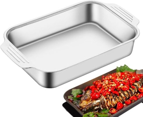 Teksome Edelstahl-Grillpfanne mit flacher Oberseite, rechteckig, Silber, für Familienessen, mit Deckel und Griffen