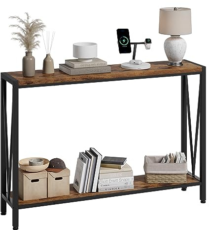 Mesa consola de madera estrecha, 110 x 25 x 76 cm con espacio de almacenamiento, mesa de centro vintage con estante, 2 niveles, mesa auxiliar para la entrada, salón
