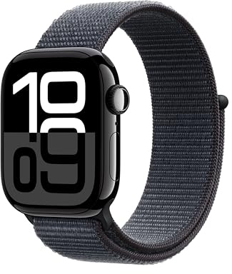 Apple Watch Series 10 GPS 42 mm Smartwatch con cassa in alluminio Jet Black e Sport Loop Inchiostro - One Size. Fitness tracker, app ECG, display Retina always-on, resistente all’acqua