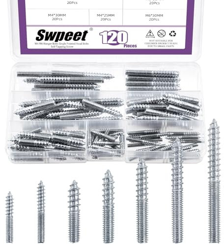 Swpeet 120 pièces 7 tailles M4 M6 Zinc Kit combiné de de suspension, boulons à double tête, vis autotaraudeuse de suspension, de vis de tige filetée joints