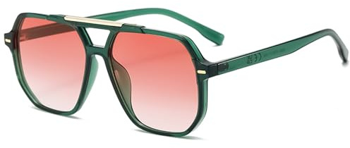 LOJUDI Occhiali da sole retrò da donna e uomo anni '70 vintage rettangolari occhiali da pilota occhiali grandi occhiali per protezione UV400, Lenti verde/rosa