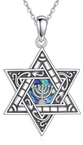 YAFEINI Collar de estrella de David de plata de ley 925 con concha de abulón y estrella de David, colgante de menorá, joyería judía para mujeres, hombres y madres, Plata esterlina, No es una piedra