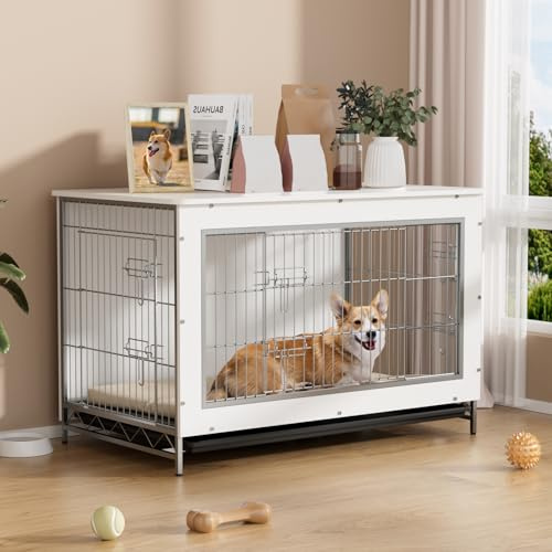 VOWNER Jaula para perros mueble, 3 puertas, caja de madera para perros para casa, moderna caseta interior para perros pequeños y medianos de menos de 30 kg, como mesa auxiliar para salón, 98 x 60 x 65