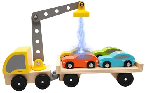 Camion Transporteur Voiture en Bois, Avec Grue Magnétique et 4 Voitures Magnétiques, Camion jouet Convient aux Garçons et aux Filles, Jouet en Bois pour Enfant Adaptés aux Enfants de 2 3 4 5 6 Ans