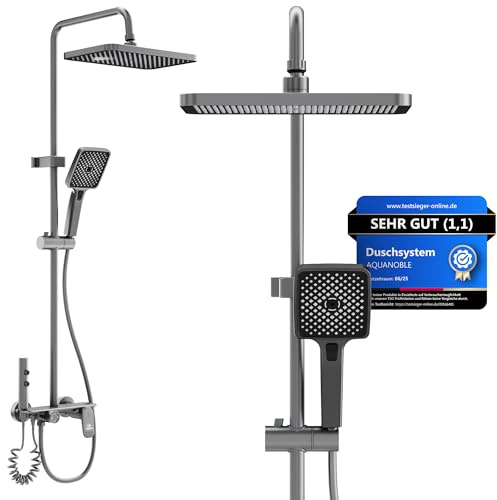 AquaNoble Aufputz Duschsystem mit Thermostat & Ablage – Duscharmatur Komplettset mit Regendusche, 3-Funktionen Handbrause, Wanneneinlauf/Wasserfall & Reinigungspistole, EasyClean Anti-Kalk, grau