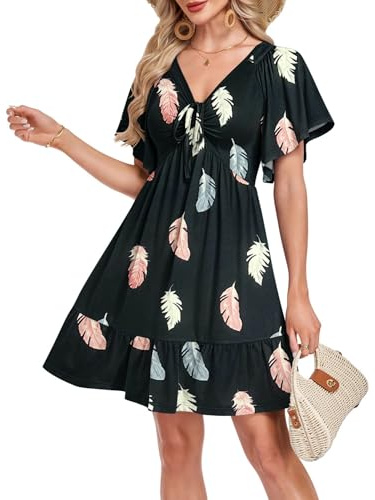 AUSELILY Robe Ete Femme Chic et Élégante - Robe de Plage Fluide avec Poches | Robe V-col à Cordon,Manche Courte,Volante Légère Longueur Genou