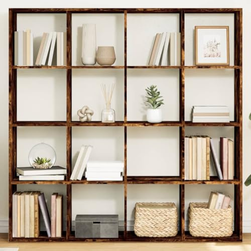 Goyphonic Bokhylla rökt ek 137,5 x 29 x 137,5 cm, trämaterial, 16 fack, mångsidig kub arrangör för böcker, closet förvaring och rumsavdelare