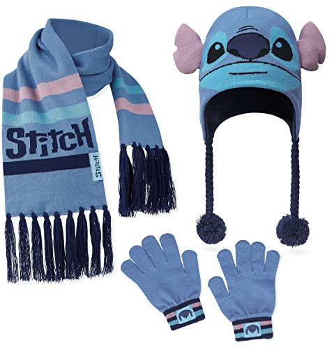 Disney Stitch Mütze und Schal Set mit Handschuhen für Mädchen (Blau 3er Set)