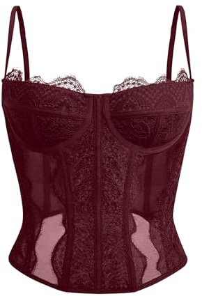 Dealmore Corset Tops For Women Going Out Lace Mesh Date Night Fall Fashion Outfits Clothes Crop Cute Party Strap Tank Wine Red Medium