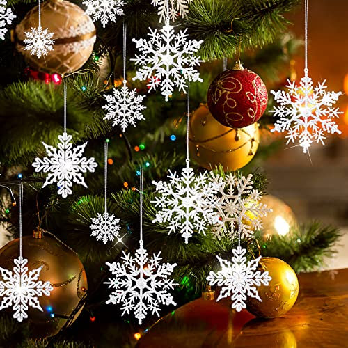 40Ocs Sparkling Christmas Snowflake Ornaments, Assorted Sizes Glitter Hanging Xmas Snowflake Christmas Tree Ornaments Durable Winter Hanging Snowflakes for ceiling window Indoor Outdoor