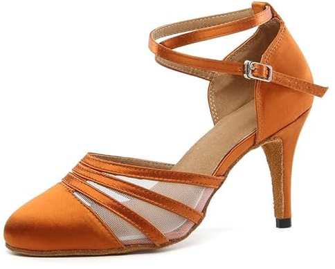 JUODVMP Latin Salsa Rumba Chaussures de Salon Brun pour Femmes en Satin Lisse Chaussures de caractère à Bout fermé Talon Bas 8.5cm Modèle YCL189.37.5 EU