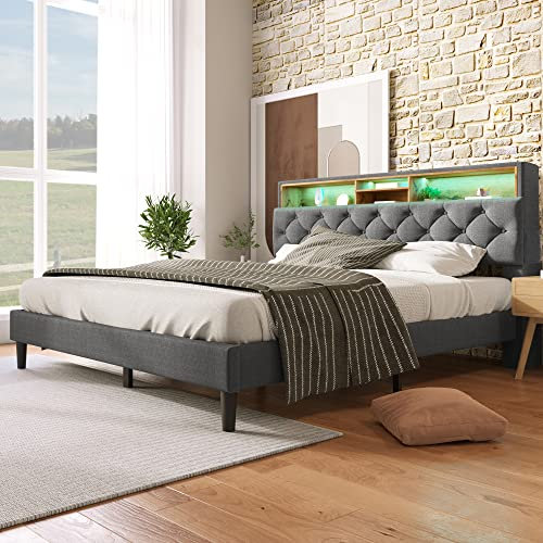 Merax Polsterbett 140x200cm mit LED-Beleuchtung und Großer Stauraum Kopfteil, Doppelbett Bettgestell mit Lattenrost, Leinenmaterial, Erwachsenen Jugendbett, ohne Matratze, Grau