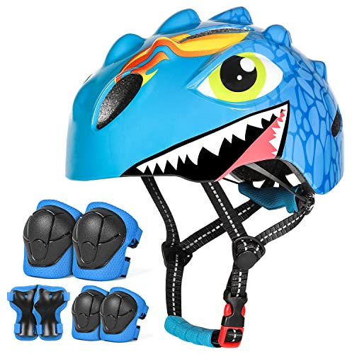 VICTGOAL Fahrradhelm Kinder zu Radsport Niedliche Cartoon 3D Gestaltet Kinderhelm für Fahrrad Skateboard Rollschuh für Jungen und Mädchen Verstellbare Größe (Blau Set, S (50-54 cm))