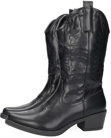 ZAPATOP U8A-AX8320-2 Botas Cowboy Mujer Diseño Bordado Imitación Piel Botas con Cremallera Tacón 5 cm Moda Viejo Oeste, Calzado Cowboy Mujer Botines Negro 38