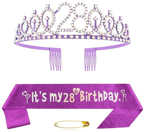 28. Geburtstag Schärpe Und Tiara Krone Lila Kristall Geburtstagkrone Set Lila Geburtstagskrone Schärpe Deko Birthday Crown für Frauen Birthday Party Accessoires Geburtstagsdeko 28