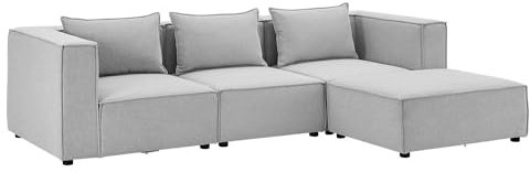 Juskys modulares Sofa Domas L - Couch für Wohnzimmer - 3 Sitzer - Ottomane, Armlehnen & Kissen - Ecksofa Eckcouch Ecke - Garnitur Stoff Hellgrau