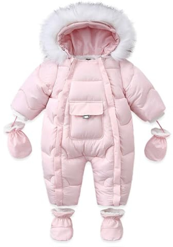 Acuryx Tuta da Neve per Bambino Inverno con Guanti e Scarpe Bimbo Pagliaccetto da Neve Invernale con Cappuccio Tutina Caldo Trapuntato con Cotone Rosa 9-12 Mesi