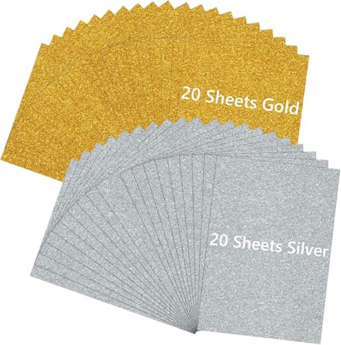 Creatorally 40 fogli di cartoncino glitterato formato A4, oro e argento, 250 g/m², fogli scintillanti per artigianato, regali fai da te, taglio laser