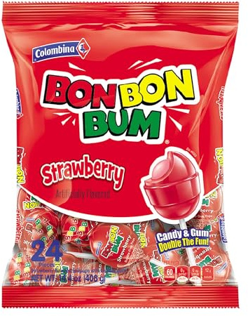 Colombina Bon Bum Lot de 24 sucettes aromatisées à la fraise