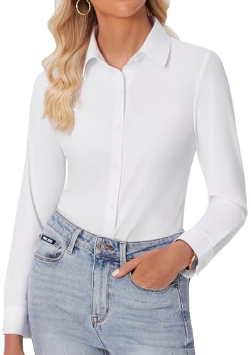siliteelon Button Down Shirts for Women Slim fit Long Sleeve Stretch Dress Shirts Work Shirt Wrinkle Free Office Blouses White Small