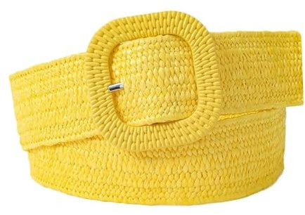 CSSHNL Stoffgürtel Damen Geflochtener Gürtel for Damen, Sommer-Patchwork-Strohgürtel, gewebter Gürtel, breiter Bund, modischer weiblicher Taillengürtel mit quadratischer Schnalle(Yellow)