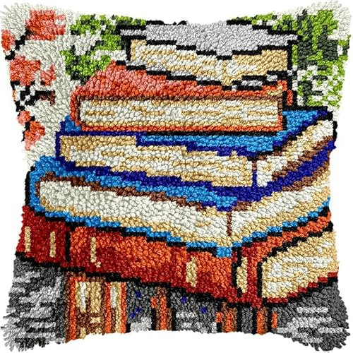 Stack of Books Latch Hook Kits Pillow for Adults Throw Pillow Pre-Printed Patterns Pillowcase Needlework Crochet Yarns Latch Hooking Cushion for Sofa Decor 17x17inch(y10)