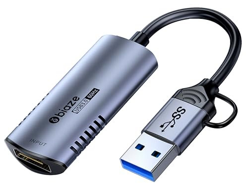 biaze Carte de capture vidéo HDMI 4K 60 Hz, entrée USB/Type-C 1080p 60 Hz, compatible avec Switch/PS5/ordinateur portable/téléphone mobile/caméra MS2130/Live, pas de pilote requis, OBS/Zoom/appareil