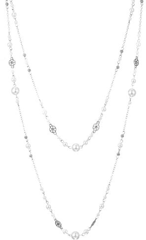 Yolev 2Pcs Long Pearl Necklaces for Women Silver Dainty Beaded Pearl Layered Necklaces for Women Long Necklace Statement Sweater Strand Chain Jewelry For Party Wedding