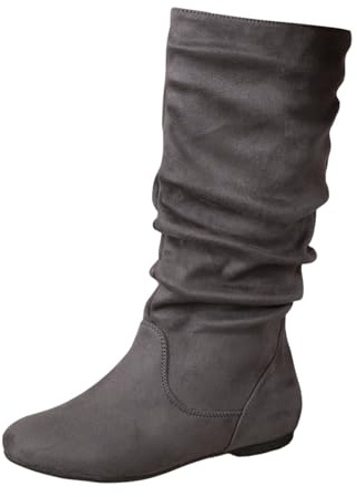 PAIDAXING Botas de gamuza de estilo británico para mujer, color sólido, plegables, holgadas, a media pantorrilla, zapatos planos, cómodos, a la moda, para invierno y otoño, para uso diario, 2 gris