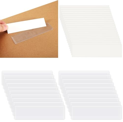 Coptiner 100 Pcs Label Holders Adhesive Shelf Tags with 50 Pcs Blank Index Card for Storage Boxes Storage Bins Removable Adhesive Pockets Name Badges Supermarket Shelves