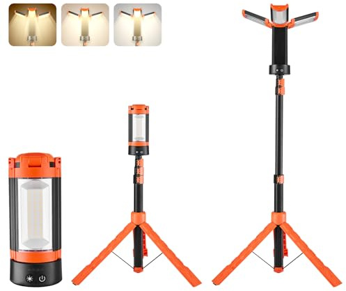 VEVOR Luz de Trabajo LED con Trípode 13,2 Ah, Foco Recargable de Trabajo con 3 Cabezales, Recargable, Inalámbrica, 2200 Lúmenes, 3000 K-6500 K, Iluminación Portátil para Obras de Construcción