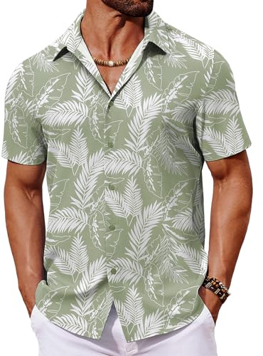 COOFANDY Hawaii-skjorta, män, sommarskjorta, kortärmad, strandskjorta, semester, Hawaii-skjorta, blommor, skjorta, Aloha, herrskjortor, festskjorta, Palmblad gröna, S