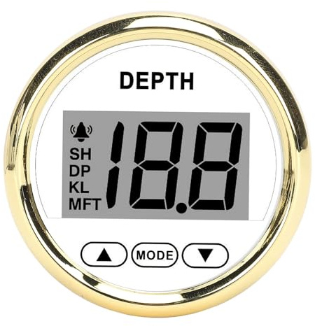 ZDETGU 52 Mm Båtdjupsmätare med Larm - Digital Ekolod för Marin Navigering - 100 M Djupindikator för Yachter, Fiskebåtar - Rostfri Stålram och Anti-dim LCD-skärm (80000242 PLD2‑WG‑FTM vit urtavla