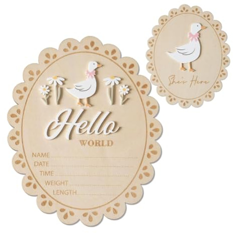Qiantull Cartel de anuncios Baby Hello World Cartel de madera Ganso Recién Nacido Hito Tabla de Madera Tarjeta de Hito de Bienvenida Cartel de Anuncio para Baby Shower Accesorios Fotoaccesorios Blanco