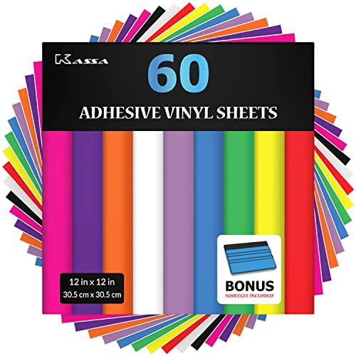 Kassa Permanent Adhesive Vinyl Sheets - Bundle of Assorted Colors (Matte & Glossy) - Adhesive Craft Outdoor Vinyl for Cutting Machines - Includes Transfer Tape
