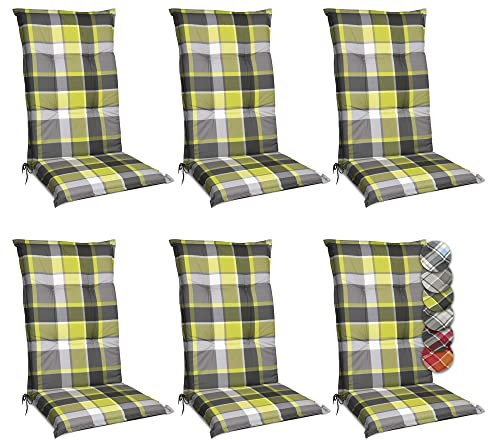 Beautissu 6er Set Hochlehner Auflagen Set Gartenstühle 120x50 cm Polster Grün Kariert – 6cm Dicke Polsterauflage Bequem, rutschfest & UV-Lichtecht 5 – Stuhlkissen Sitzauflage – Sunny GR