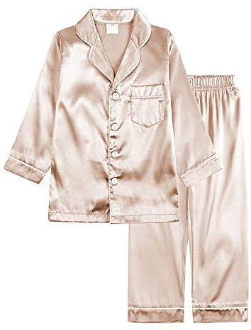 Verve Jelly Garçons Filles Satin Pyjama Ensemble Soie Pjs Chemise À Manches Longues Pantalon Long Enfants 2 Pièces Vêtements De Nuit Boutonné Vêtements De Nuit Or Rose 160 12-13 Ans