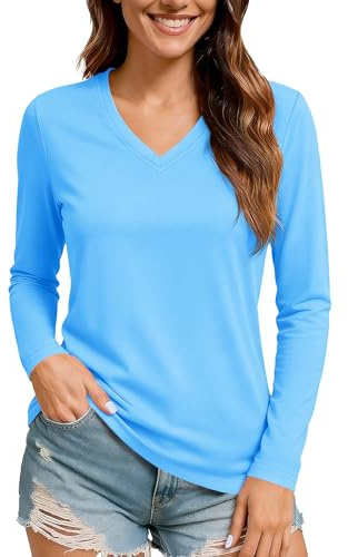 TACVASEN Women Long Sleeve V Neck Athletic Shirt Dry Fit UPF 50+ Rash Guard Hiking Running Active Tops Waterfall Blue M