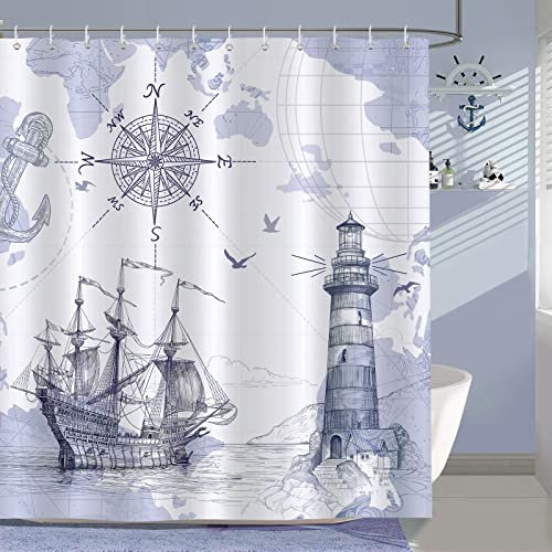 Bonhause Duschvorhang Nautische Segelboot Karte Kompass Leuchtturm Anker Duschvorhänge 180 x 180 cm Anti-Schimmel Wasserdicht Polyester Stoff Waschbar Bad Vorhäng für Badzimmer mit 12 Haken