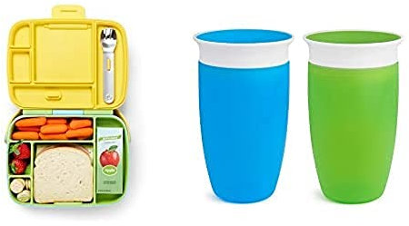 Munchkin Bento Box Brotdose für Kleinkinder mit Besteck, Grün/blau Miracle 360ᵒ Trinkbecher, auslaufsicher, Grün/Blau, 296 ml (2er Pack)