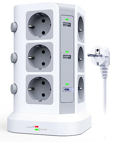 2 Puertos [20W USB-C] KOOSLA Regleta enchufes Proteccion sobretension, Regleta Vertical con 12 Enchufes y 4 USB A, 2 USB C Compatible con QC&PD3.0, 3680W 16A, 2M, Blanco