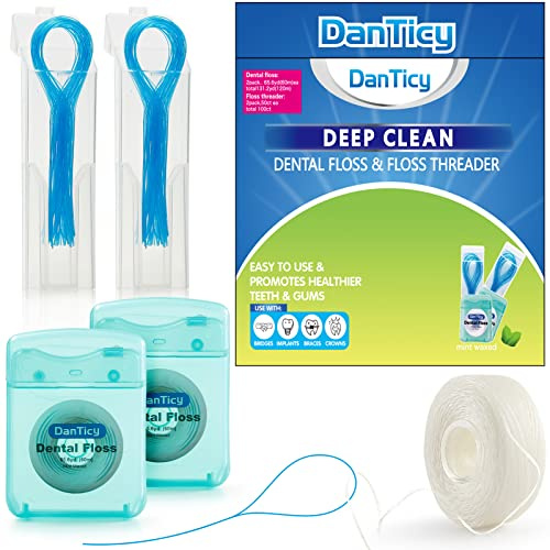 Set di infila filo interdentale e filo interdentale, per pulizia profonda di bretelle, ponti e impianti, senza PFAS, aromatizzato alla menta, 2 confezioni da 2 fili interdentali e 50 infila filo