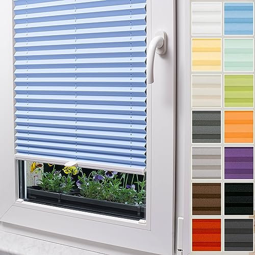 Stuza Plissee nach maß, Zum Kleben, 15 Farben, 3 Profilfarben, Breite, 30-129 cm, Höhe 50-149 cm, Schalosien, innen, Faltrollos, Sicht- und Sonnenschutz, Rollo für Fenster (Höhe Von 50 cm Bis 149 cm)